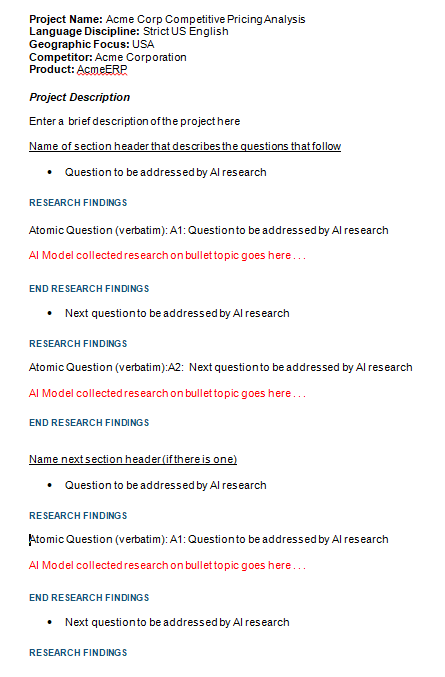Example of a properly formatted AI report, showing required header fields, section headers, main bullets, sub-bullets, and research findings